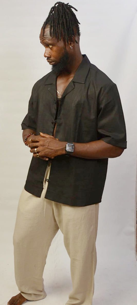 Elegant Refined Short Sleeved Men's Linen Tailored Shirt with classic button down front and tailored collared neck