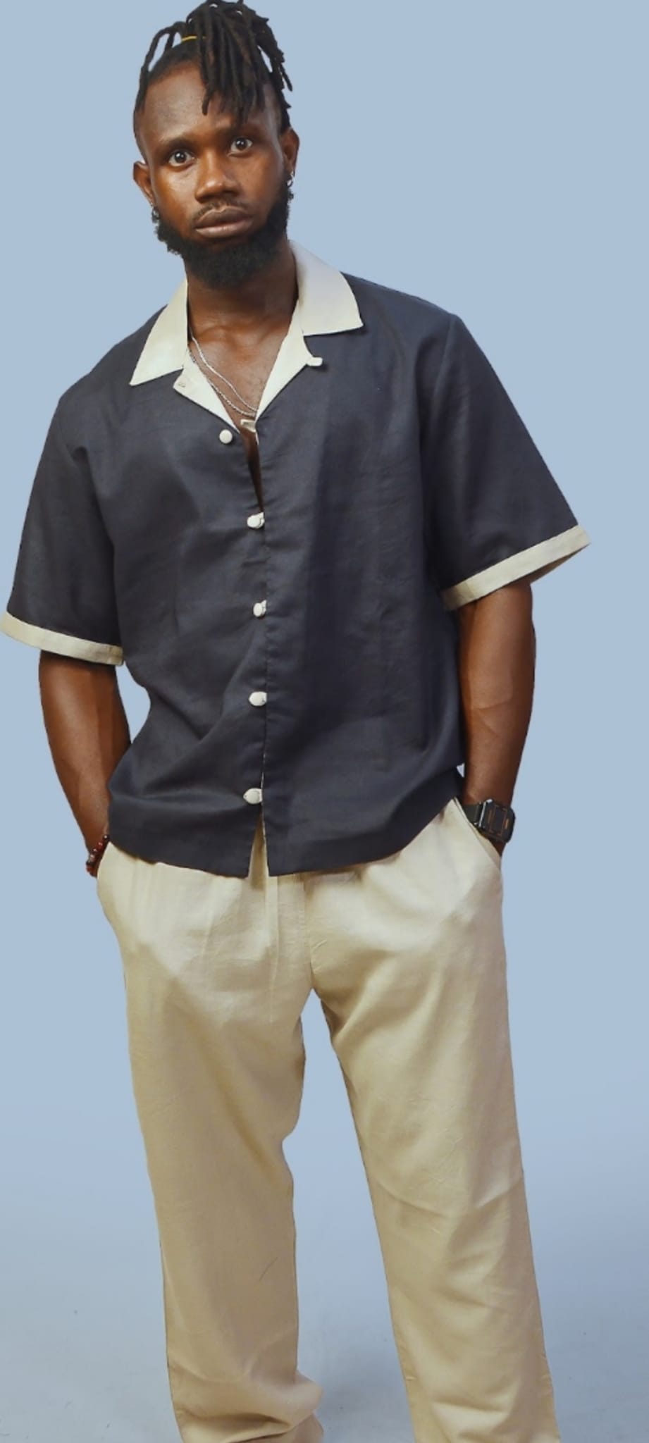 Elegant Short Sleeved Men's Tailored Breathable Linen Shirt with classic button down front and tailored collared neck