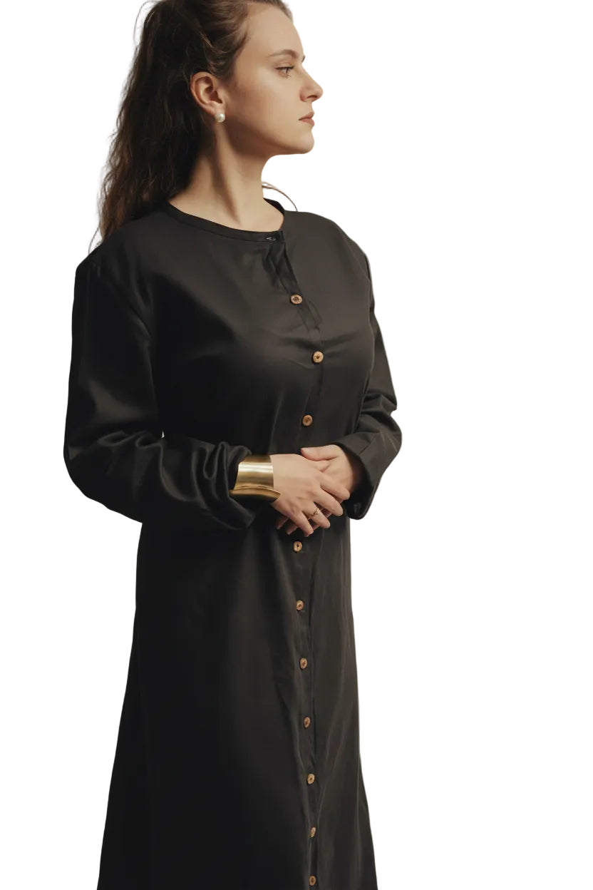 Handmade Linen Maxi Dress With Piped Neckline and Wooden Buttons