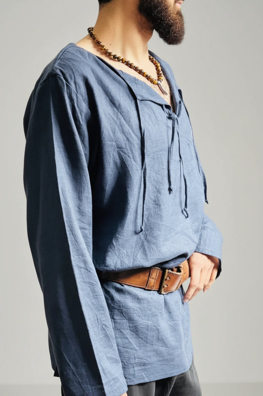 Medieval Men's Tunic , Loose fit, Deep Slit Tie Neckline Viking Renaissance Shirt