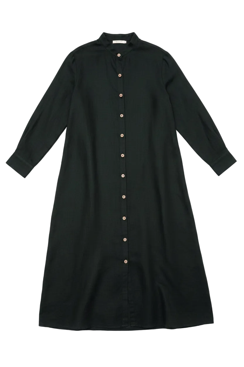 Handmade Linen Maxi Dress With Piped Neckline and Wooden Buttons