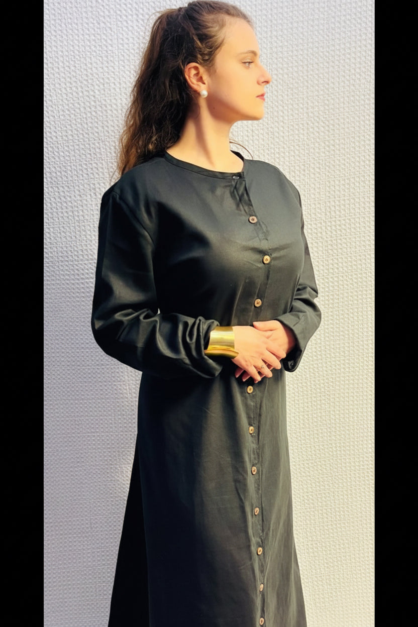Handmade Linen Maxi Dress With Piped Neckline and Wooden Buttons