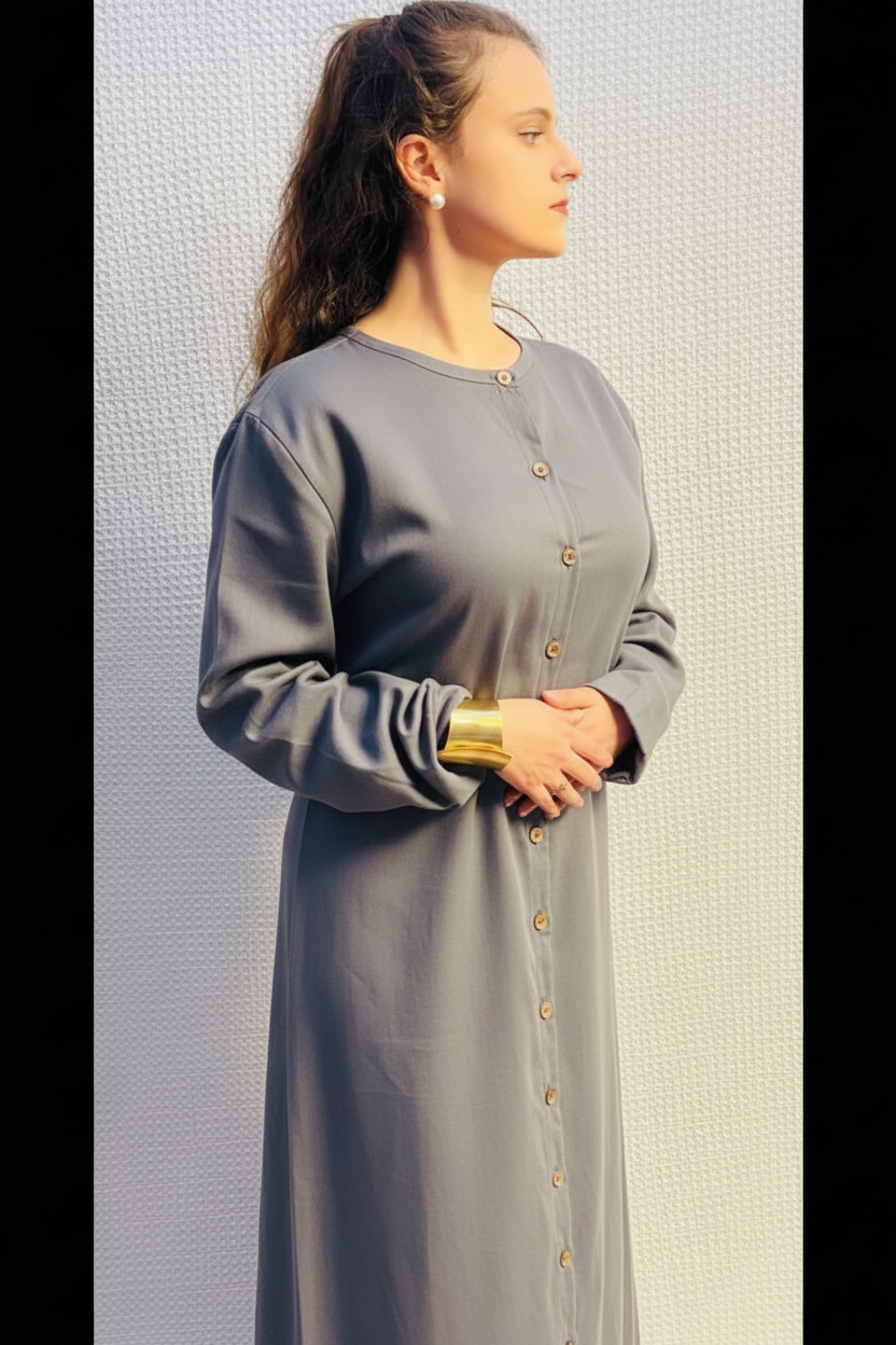 Handmade Linen Maxi Dress With Piped Neckline and Wooden Buttons