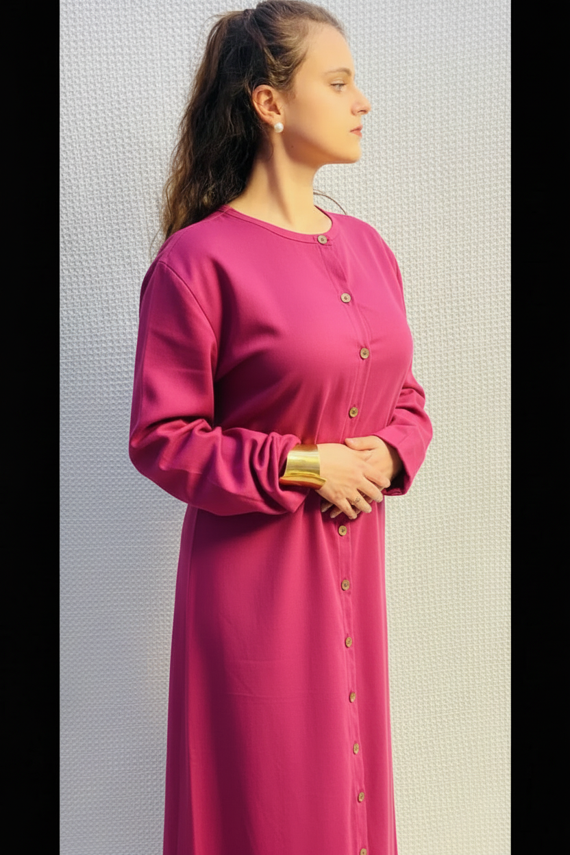 Handmade Linen Maxi Dress With Piped Neckline and Wooden Buttons