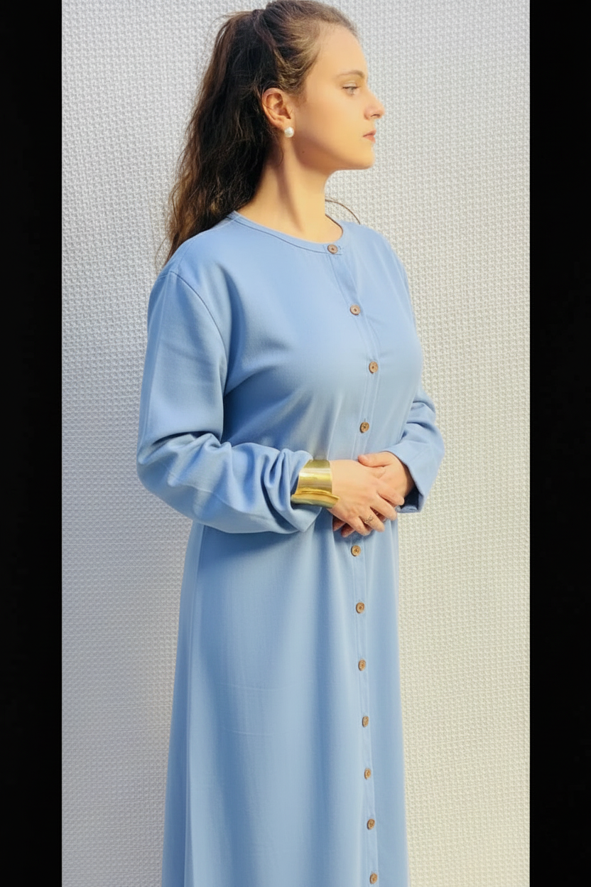 Handmade Linen Maxi Dress With Piped Neckline and Wooden Buttons