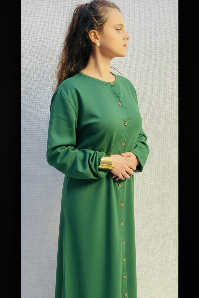 Handmade Linen Maxi Dress With Piped Neckline and Wooden Buttons