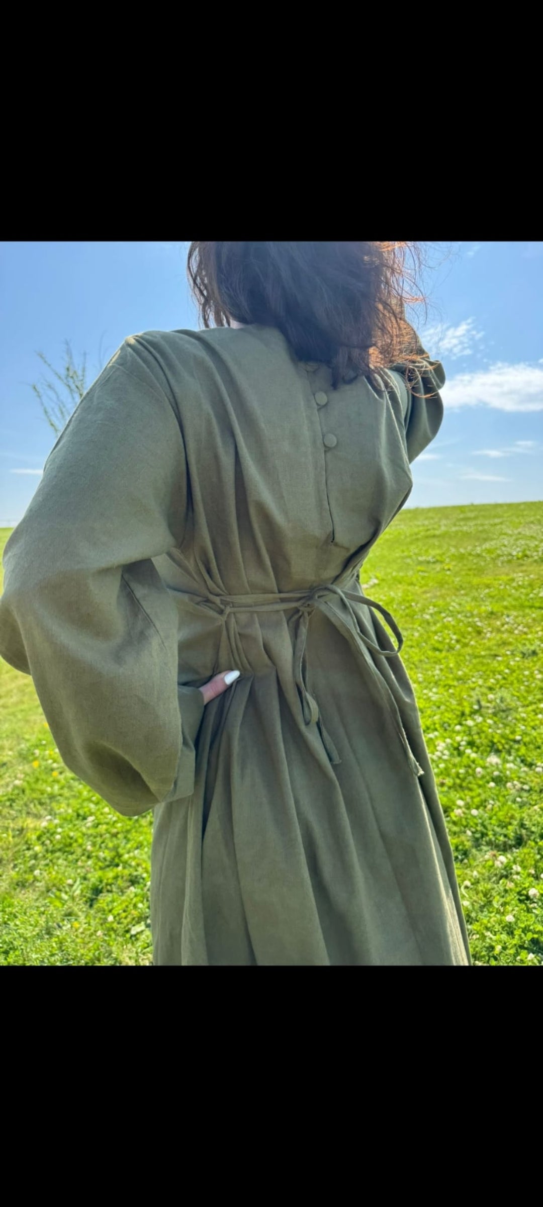 Elegant Casual High Quality Long Sleeve Linen Maxi Dress with Side Loop Laces and Pockets.