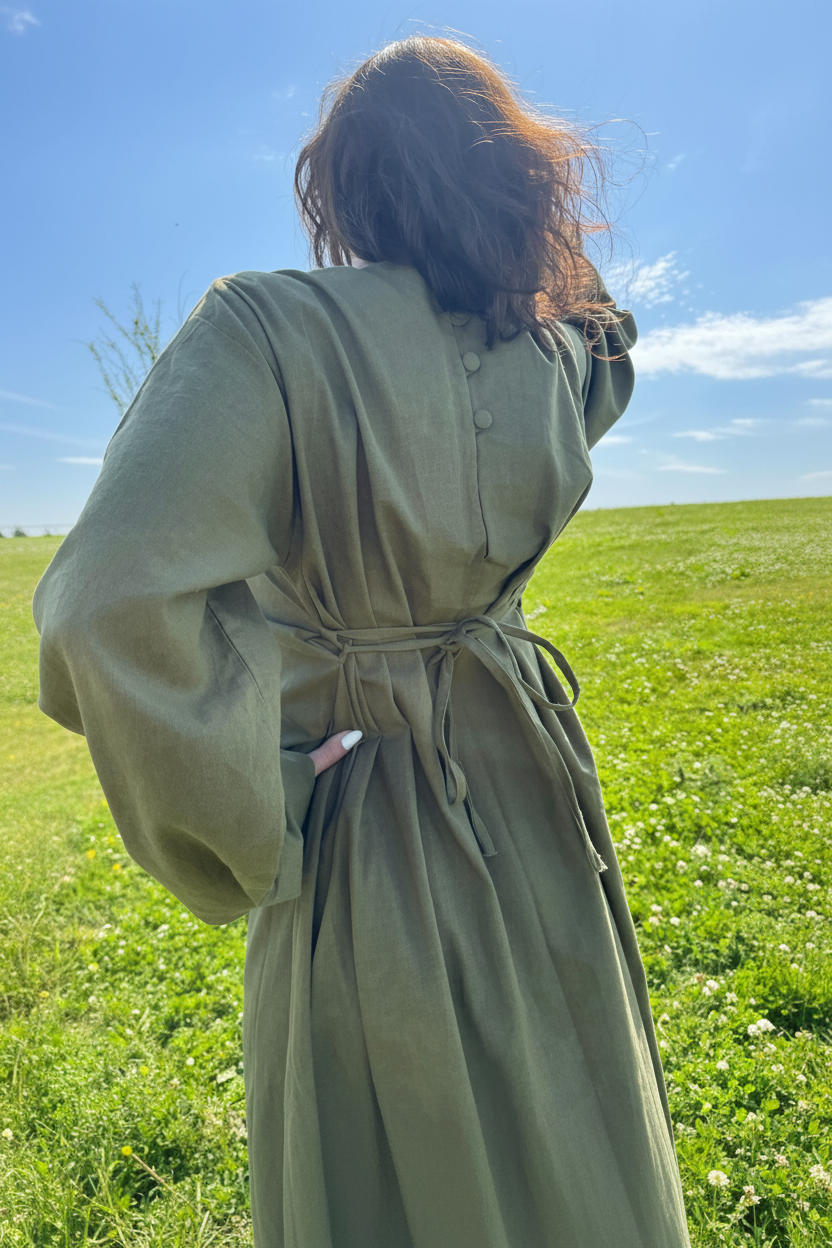 Elegant Casual High Quality Long Sleeve Linen Maxi Dress with Side Loop Laces and Pockets.