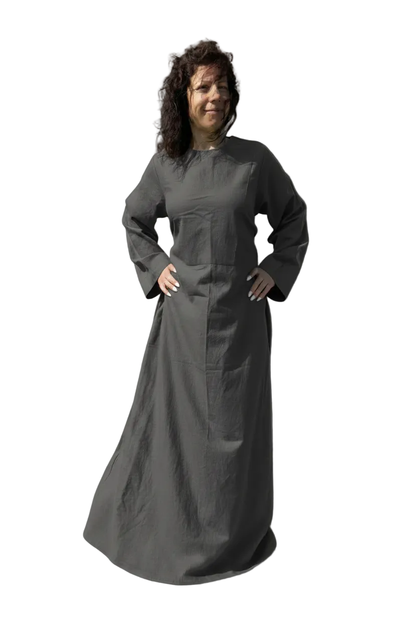Elegant Casual High Quality Long Sleeve Linen Maxi Dress with Side Loop Laces and Pockets.