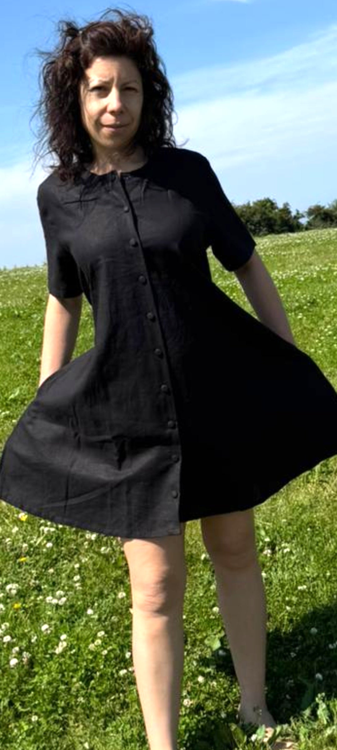 Elegant Linen Short Sleeved Knee length Shift Dress