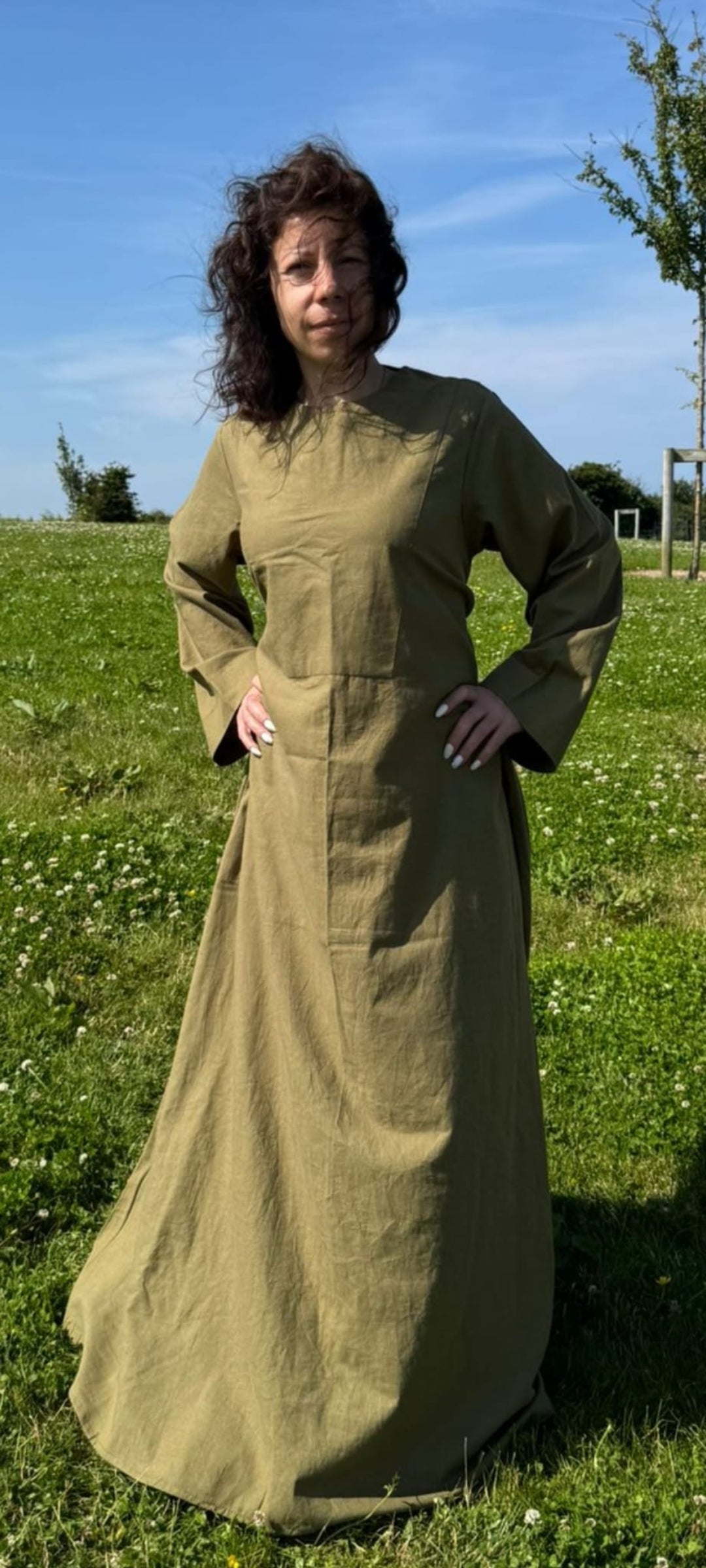 Elegant Casual High Quality Long Sleeve Linen Maxi Dress with Side Loop Laces and Pockets.