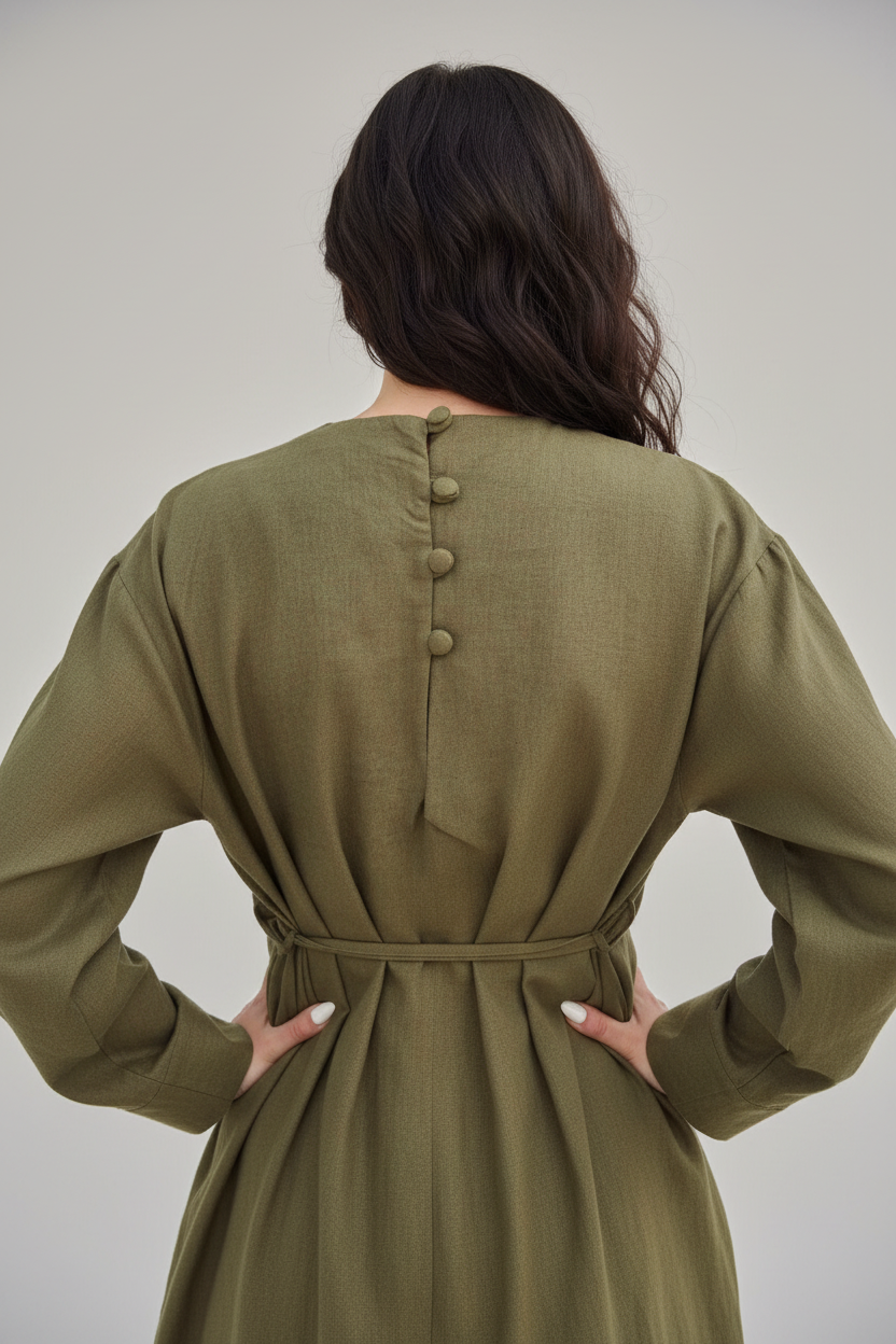 Elegant Casual High Quality Long Sleeve Linen Maxi Dress with Side Loop Laces and Pockets.